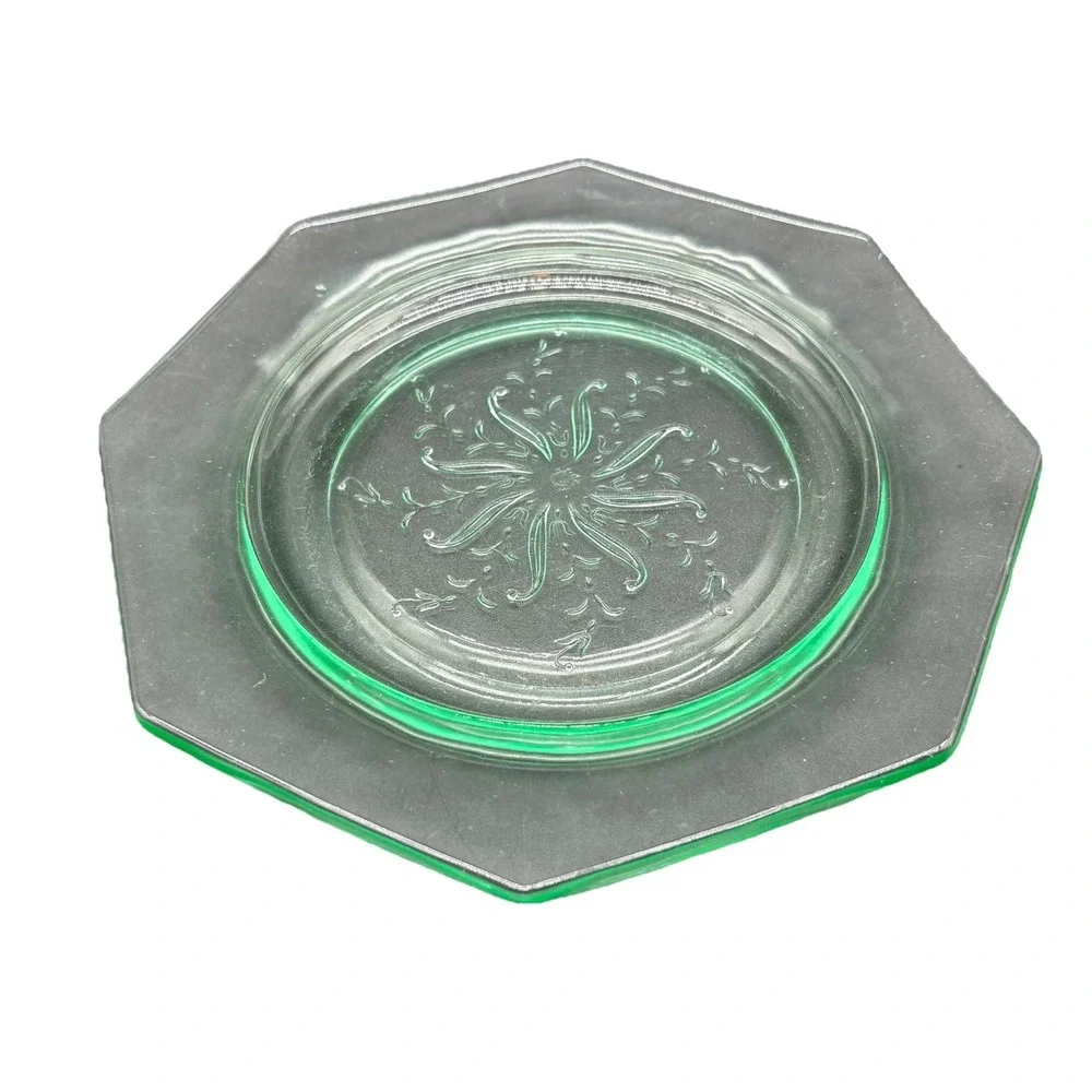 Vintage Uranium Vaseline Glass Octagonal Plate Floral Etched 7.5
